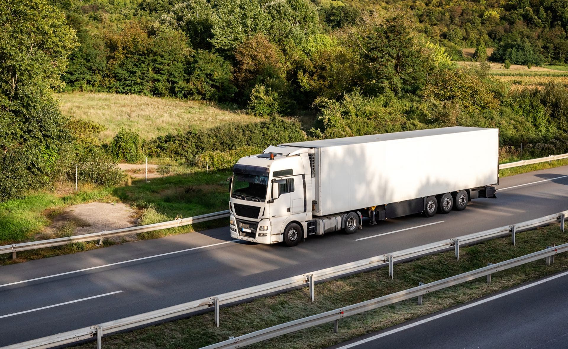 Lkw mit Auflieger auf einer Landstraße durch grüne Landschaft