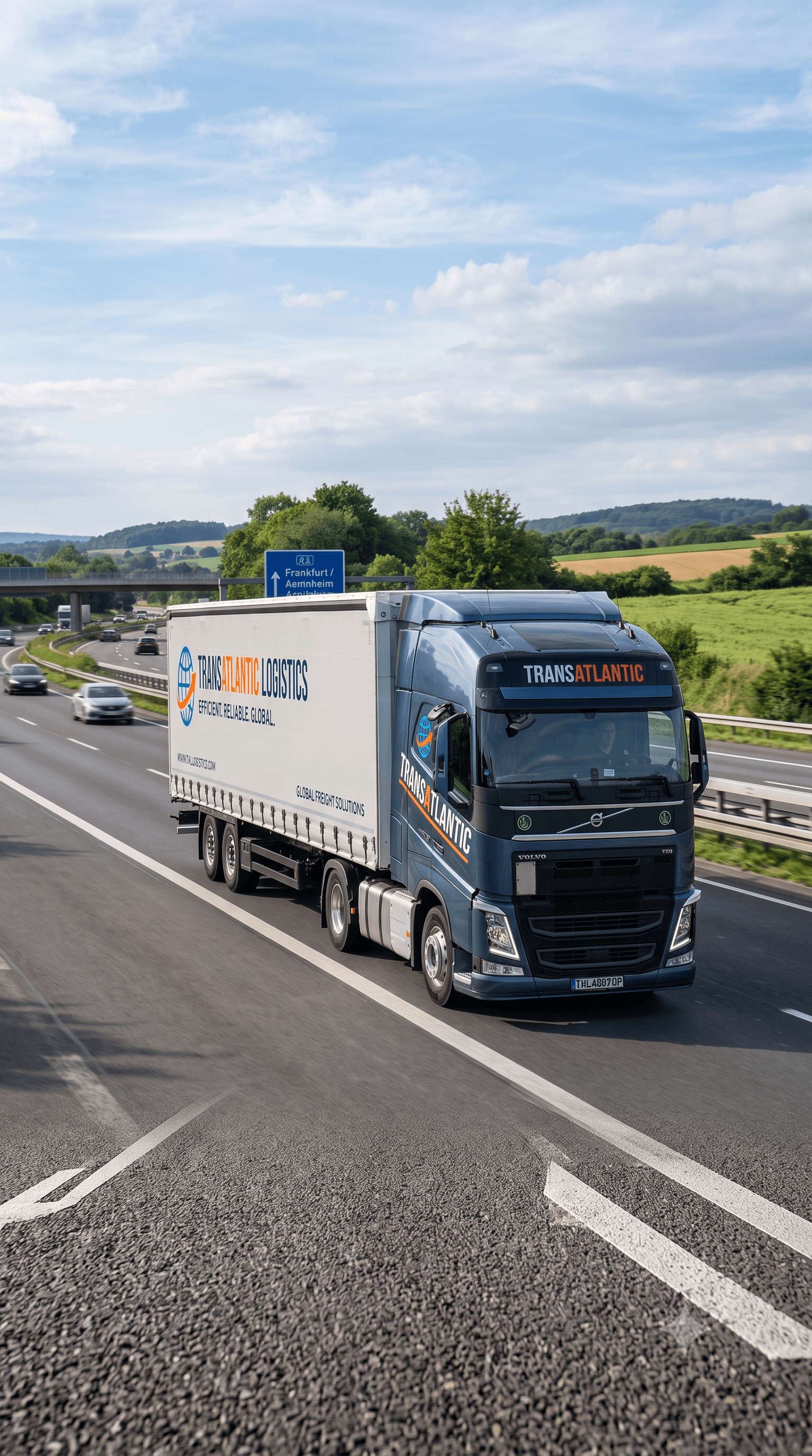 Freight truck hauling a cargo trailer along a highway through green countryside
