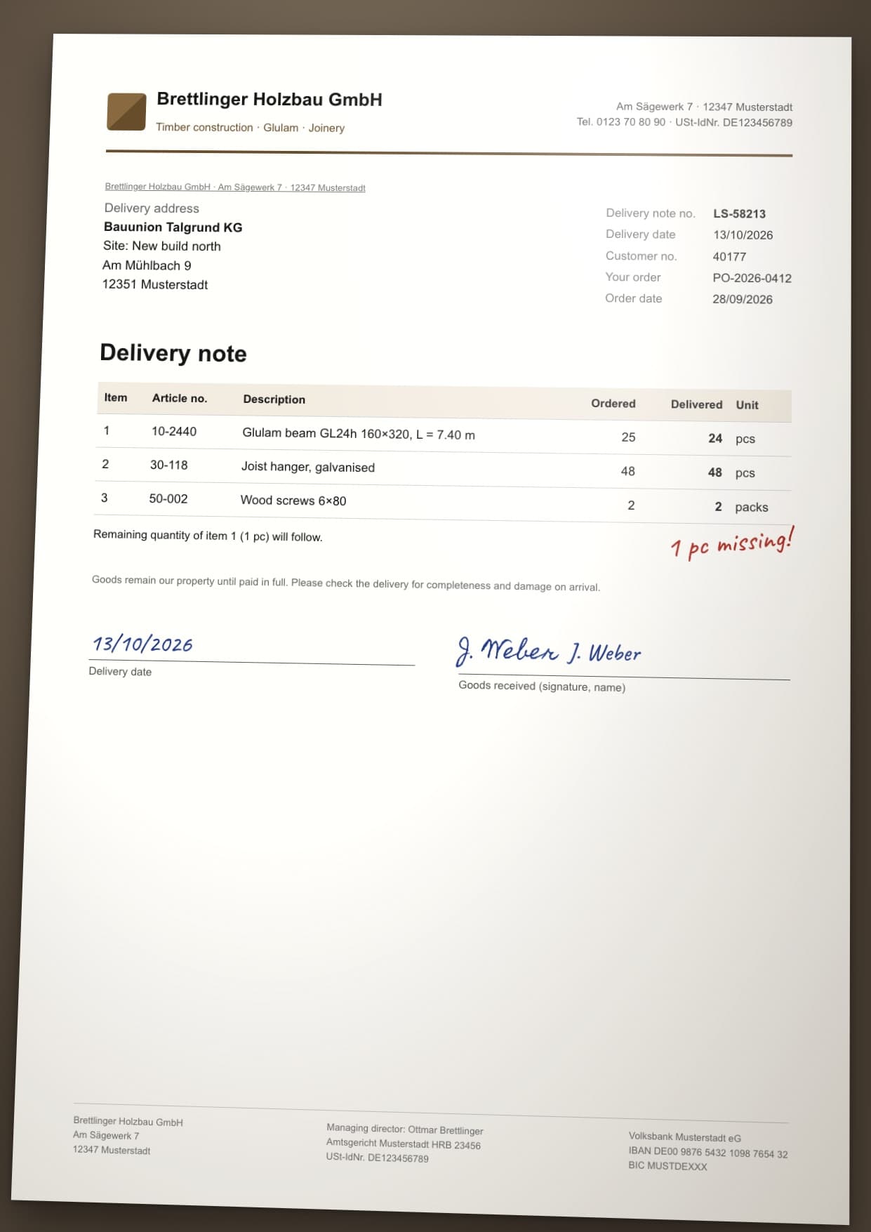 Delivery note for glulam beams, photographed on site
