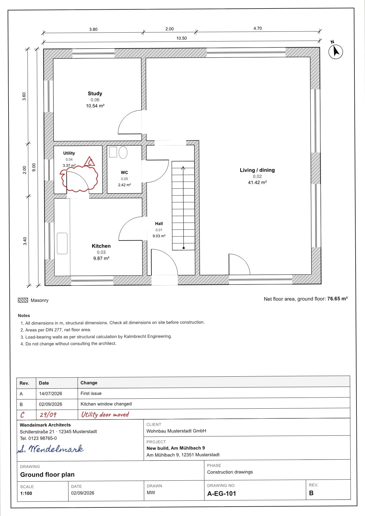 Scanned ground floor plan with title block and a handwritten revision
