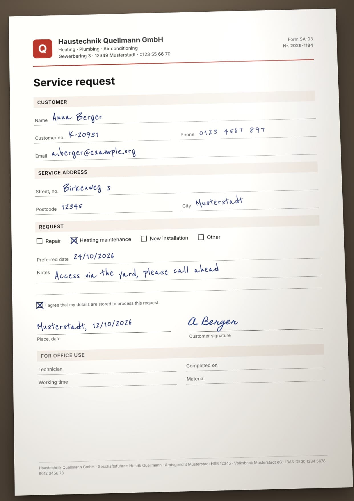 Handwritten service request form, photographed