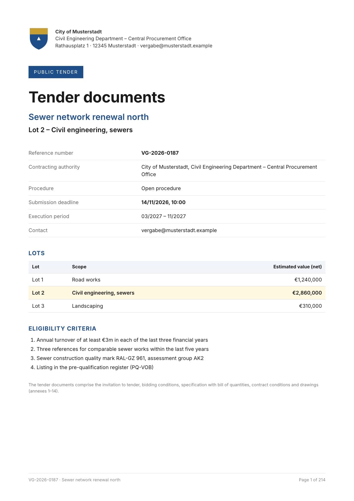 Cover page of a public tender for sewer renewal, lot 2