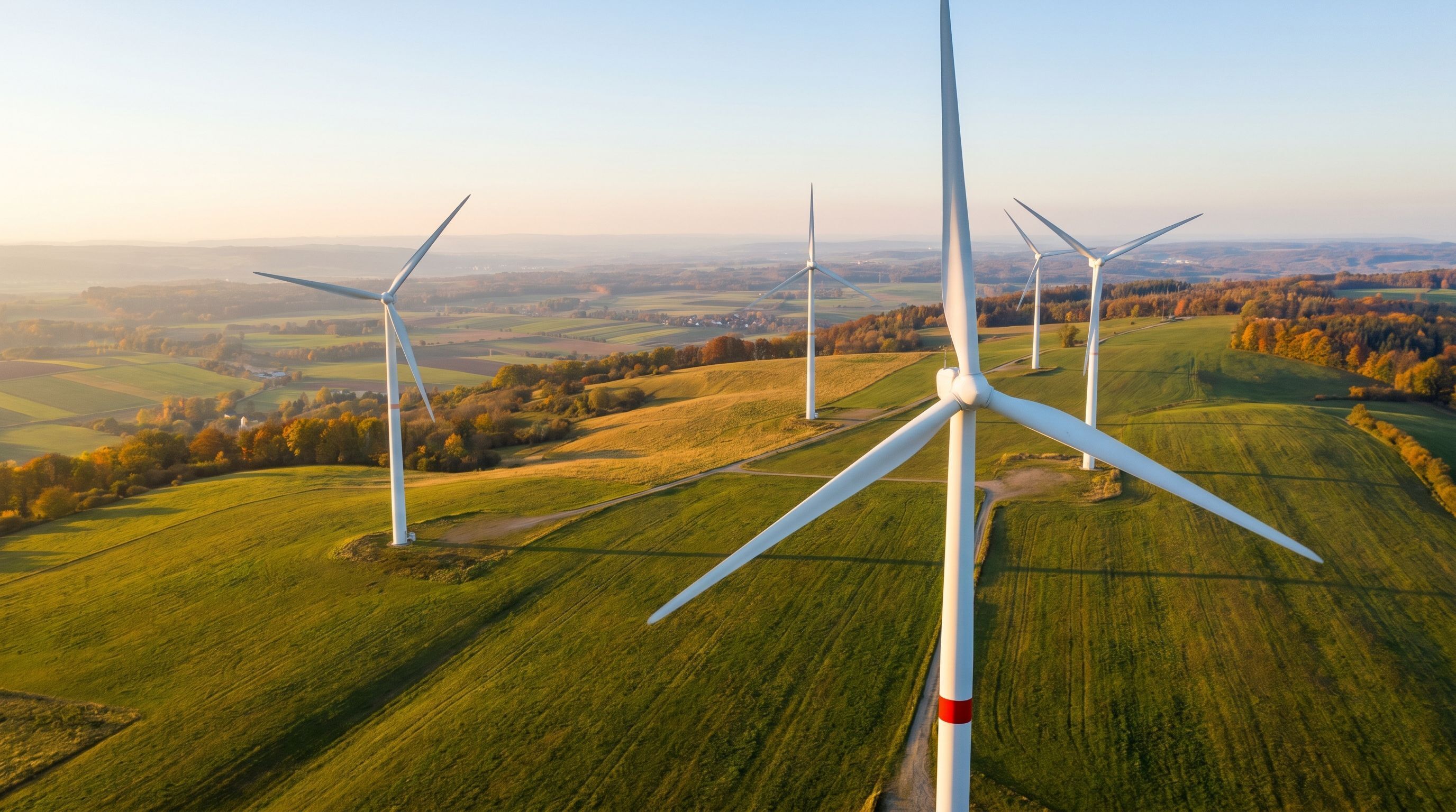 Wind turbines on green hills at golden hour